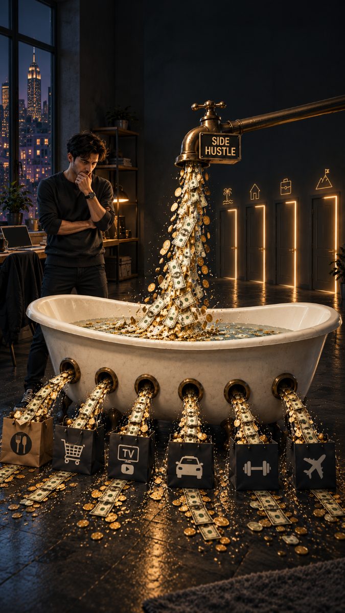 A bathtub filling from a Side Hustle tap while money drains out of six holes into shopping bags